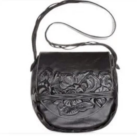 Patricia Nash Leather Firenze Tooled Flap Bag Black w/ Dust Bag Mint Condition - Picture 1 of 16
